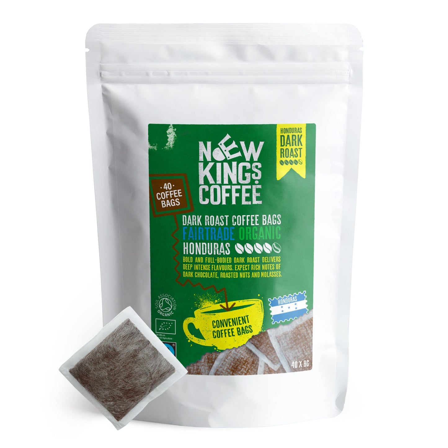 Dark Roast Coffee Bags Strong - Fairtrade Organic Honduran Coffee Bags - Strength 5 - 100% Honduras Arabica - Brew Like Tea Bag - New Kings Coffee
