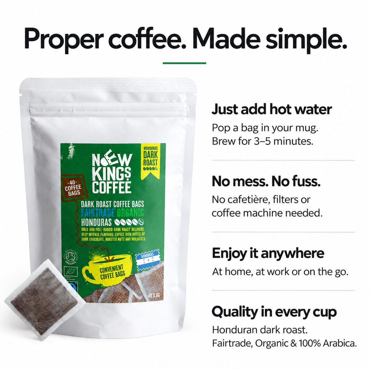 Dark Roast Coffee Bags Strong - Fairtrade Organic Honduran Coffee Bags - Strength 5 - 100% Honduras Arabica - Brew Like Tea Bag - New Kings Coffee
