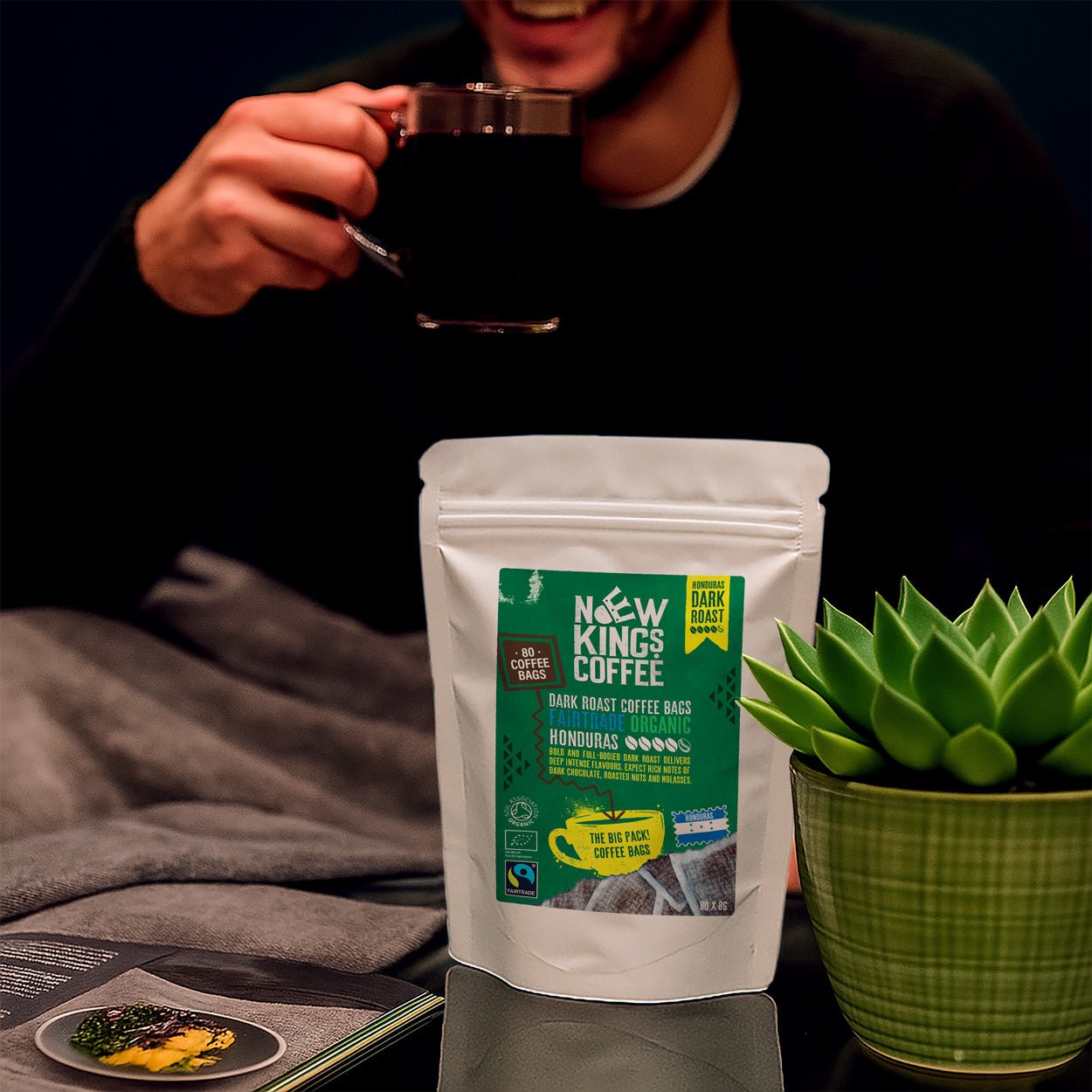 Dark Roast Coffee Bags Strong - Fairtrade Organic Honduran Coffee Bags - Strength 5 - 100% Honduras Arabica - Brew Like Tea Bag - New Kings Coffee