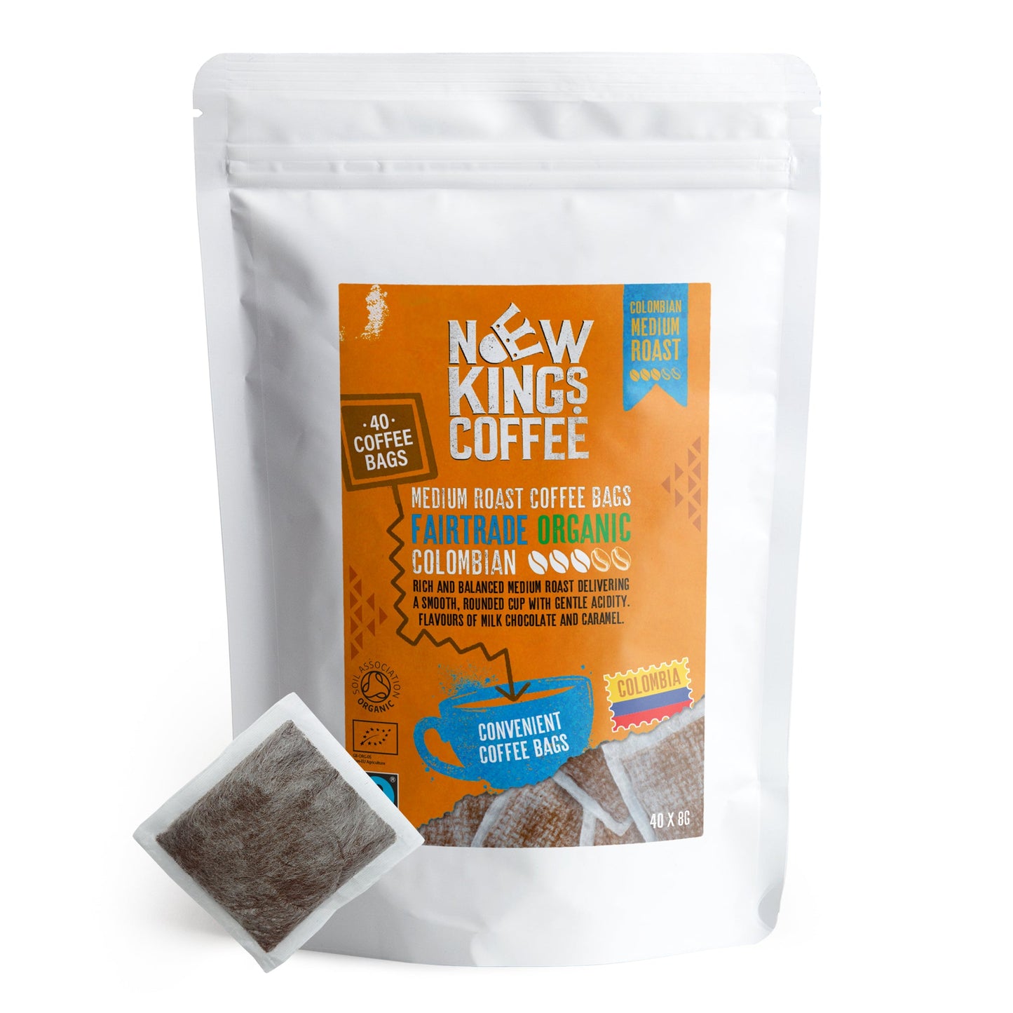 Medium Roast Coffee Bags - Fairtrade Organic Colombian Coffee Bags - 100% Colombia Arabica - New Kings Coffee