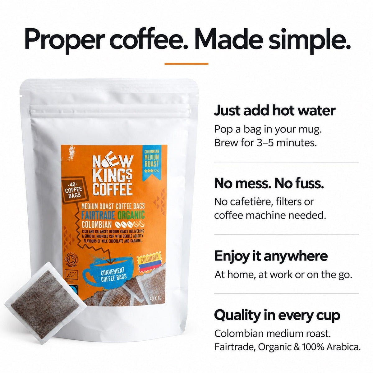 Medium Roast Coffee Bags - Fairtrade Organic Colombian Coffee Bags - 100% Colombia Arabica - New Kings Coffee